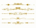 Old-fashioned design elements. Golg in white background. Symbols, crowns, calligraphy, dividers for your design